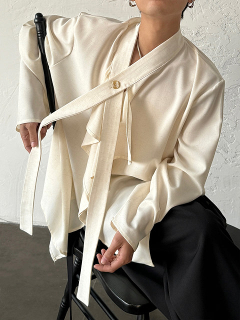 14GSL niche high-end French streamer stand collar shirt design sense cut oblique placket neutral style simple shirt