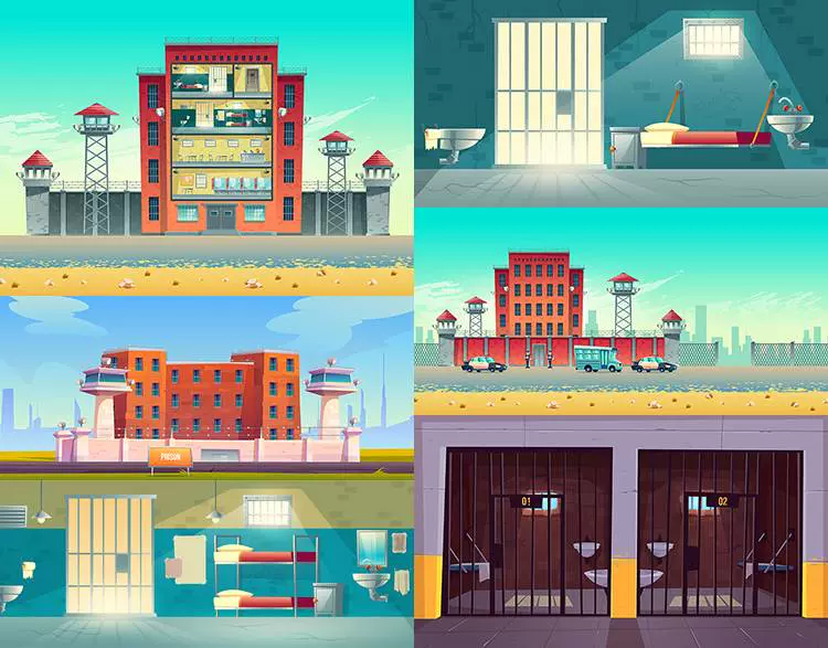 監獄插畫ai矢量素材卡通牢獄牢房囚犯住所場景海報背景設計素材
