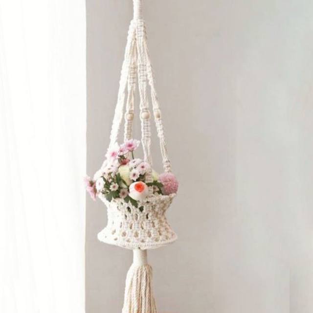 ins Nordic cotton rope woven flower basket potted green plant fruit hanging basket home gardening decoration mesh bag aerial pendant