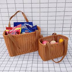 Imitation rattan woven picnic basket with cloth tote bag shopping basket square grocery shopping blue fruit picking basket snack basket