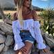 European and American Amazon holiday style sweet fungus lace off-shoulder waist long-sleeved chiffon shirt summer women's T versatile top