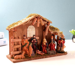 18cm Tall Manger Scene Figurine, Hand-Painted Resin Ornament, Nativity Ornament Wooden Scene