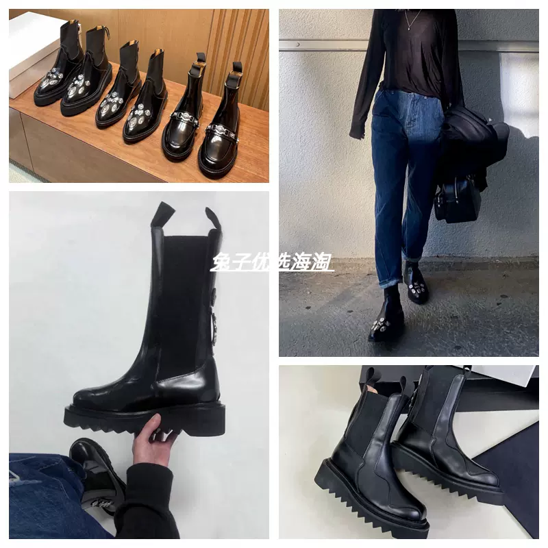 代购Toga Pulla新款厚底靴金属雕花切尔西后拉链短靴弹力长筒靴女-Taobao