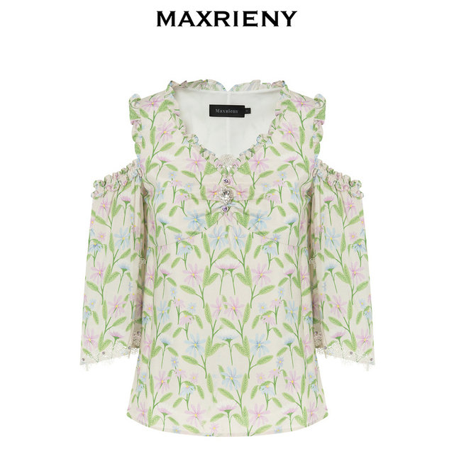 MAXRIENY European style gardening style off-shoulder flared sleeve chiffon shirt pastoral style printed top
