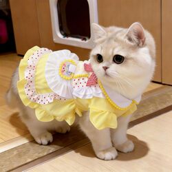 Cat Clothes Spring and Summer Thin Cute Princess Dress with Leash, Gold Gradient Ragdoll Anti-Shedding Pet Dog Dress