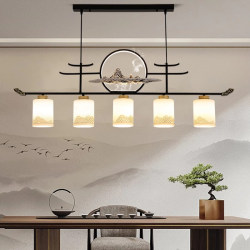 New Chinese-Style Dining Chandelier with Straight Rod, Chinese Zen Tea Table Lamp, Welcoming Pine Study Desk Tea Room Long Strip Lamp with Multiple Heads