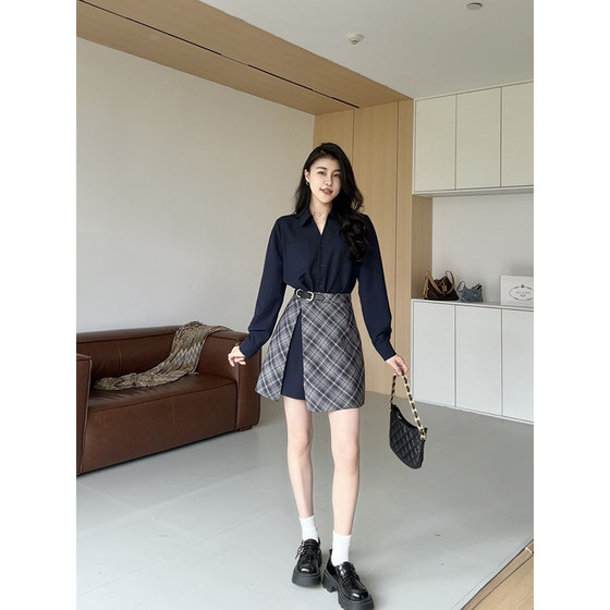 
Zhang Azing [London City] retro style one-piece plaid stitching high-waisted shirt dress