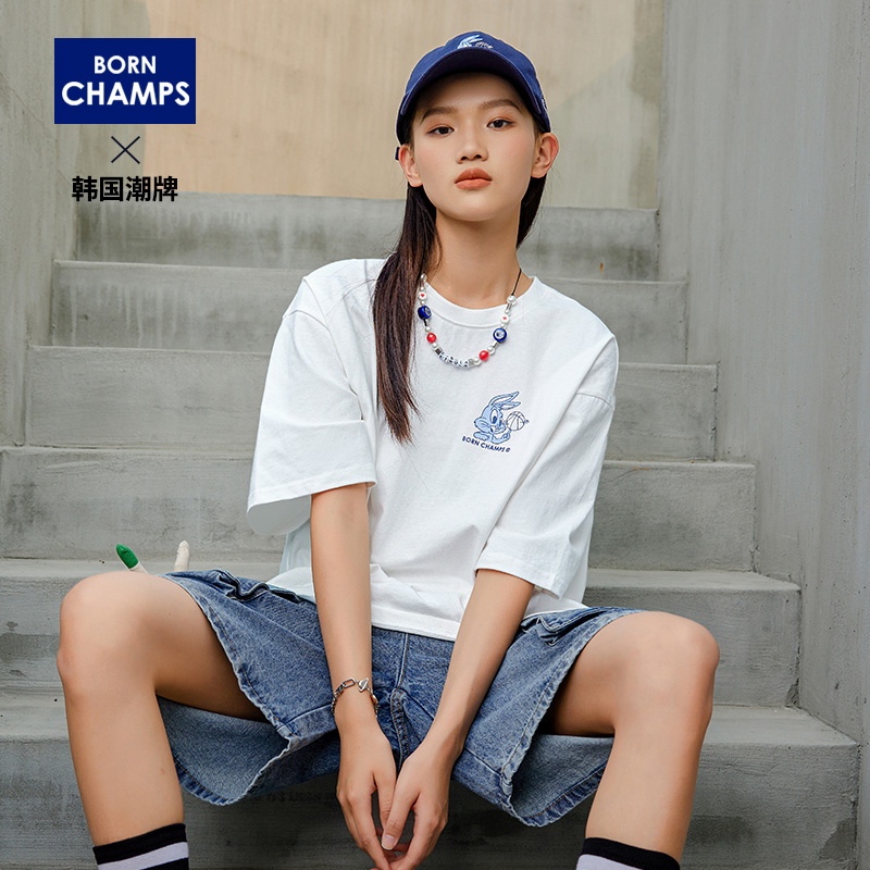 韩国潮牌 Born Champs 情侣款 oversize宽松短袖T恤*3件 双重优惠折后￥99.2包邮 男、女多款可选