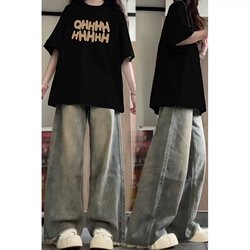 American Retro Jeans Set for Women, Summer Short-Sleeved T-Shirt for Middle and High School Students, Complete Outfit for Petite Figures