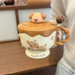 Ins-Style Ceramic Mug with Lid and Spoon, High Aesthetic Value, Household Drinking Cup, Couple's Cup, Children's Breakfast Cup