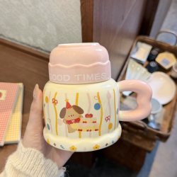 High-Quality ins Style Mug with Lid, Cute Puppy Cup, Ceramic New Water Cup, Large Capacity Breakfast Cup for Women