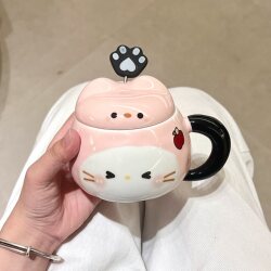 Cat Mug with Lid, High-Value Cup, Couple Water Cup, Ceramic Coffee Breakfast Cup, Gift for Girls