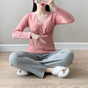
Pure cotton thickened large size nursing bottoming shirt, nursing top, confinement clothing, home pajamas, autumn clothes and long trousers set for pregnant women