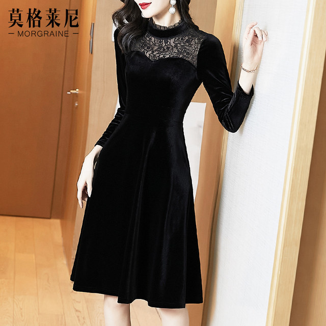 Gold velvet square neck ruffled high waist tight temperament commuter dress