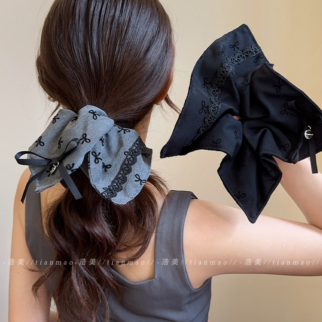 Gray Grey square scarf bow hair ring 2025 new high-end large intestinal circle for girls high-end hair rope