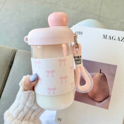 Original Design Bow-Shaped Water Cup with Straw, Coffee Milk Portable Glass Cup, High-Value Water Cup for Pregnant Women