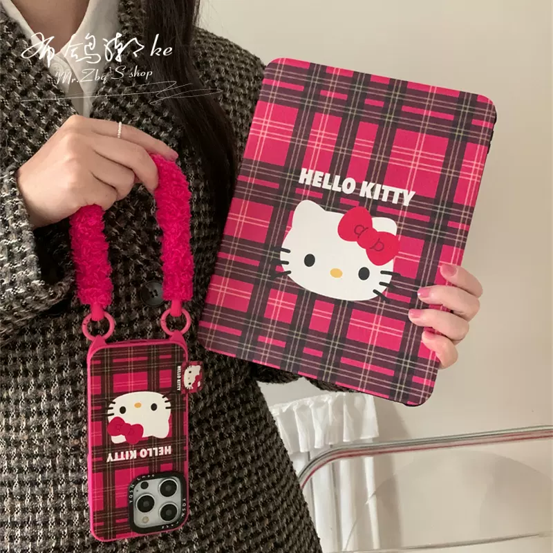 网红粉色格纹kitty猫适用ipadair5保护套ipad支架11寸苹果平板保护套 