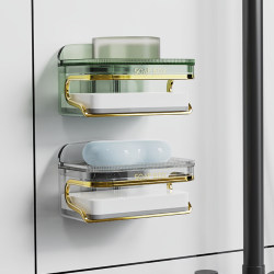 Double-layered soap dish that requires no drilling and can be drained with a free sponge wipe