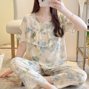 Anti convex point short sleeved long pants, cotton silk pajamas, women's summer thin set, student cotton silk Korean version, can be worn for home wear