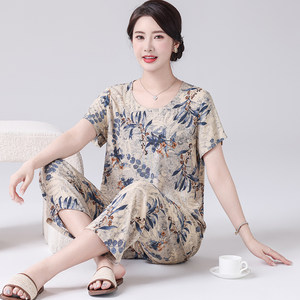 Cotton and silk summer short -sleeved thin ladies pajamas suits large size loose, simple casual silk can wear home clothes
