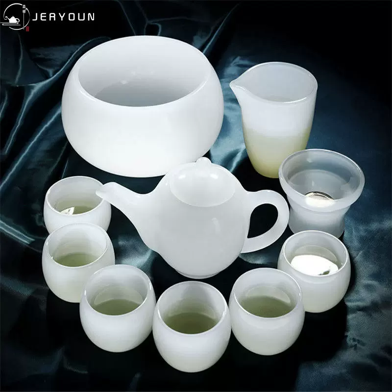 轻奢高档翡翠玉盖碗琉璃茶杯办公室会客茶壶茶洗功夫茶具套装家用 - Taobao