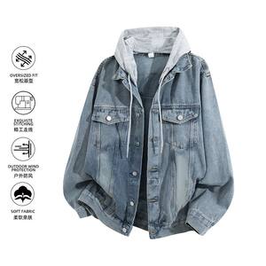 American retro washed and distressed loose casual single-breasted off-shoulder fake two-piece denim jacket for men and women.