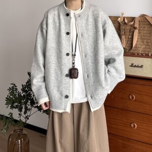 
BUTQIU Japanese retro autumn and winter two-piece contrast collar design knitted cardigan loose casual sweater jacket for men