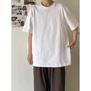 BUTQIU Japanese summer 300g heavy round neck solid color loose inner wear for couples men and women half-sleeved T-shirt short sleeves