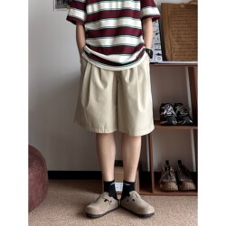 B East Japanese style men's casual day pleated smooth five-point shorts solid color versatile workwear casual trousers for men