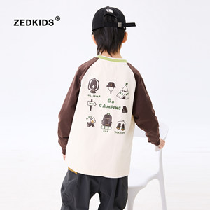 
Zhang Enduo children's clothing boys' pure cotton long-sleeved T-shirt spring and autumn children's color-blocked raglan sleeve mountain style outdoor camping top