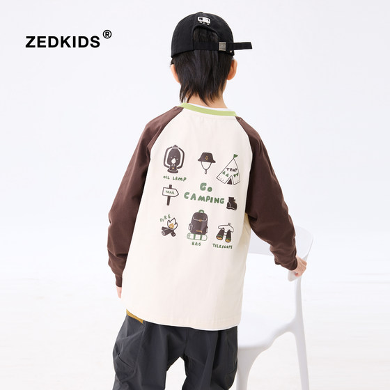 
Zhang Enduo children's clothing boys' pure cotton long-sleeved T-shirt spring and autumn children's color-blocked raglan sleeve mountain style outdoor camping top