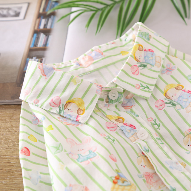 Sweet little fresh green striped cartoon kitten printed long-sleeved shirt for women in autumn new loose casual top