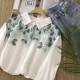 Literary and fresh vacation style cartoon leaves double-layer cotton yarn loose shoulder white shirt women's long-sleeved base shirt