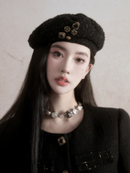 Fragileheart Fragile Store Rich Black Gold Buckle Beret Show Face Small Fragrance Style Tweed Hat