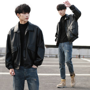 Korean trendy handsome leather coat men's youth locomotive clothing pilot pilot leather jacket autumn and winter tide retro loose jacket