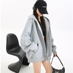 Long-Sleeved Jacket 2026 New Loose Gray Hooded Cardigan Sweatshirt for Women Spring and Summer Thin Korean Style Lazy Top