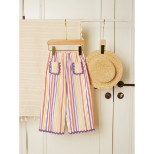 
26pippi girls rainbow striped trousers spring and summer thin pure cotton elastic waist straight pants casual, comfortable and versatile