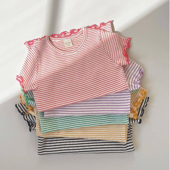 
Summer custom Japanese pippi versatile series--Girls Girls' high-quality colored striped T-shirt short sleeves
