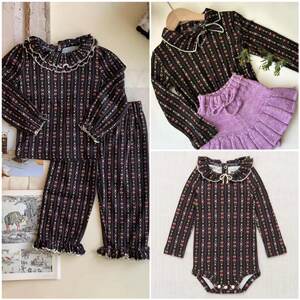 
2025 Spring and Summer mp series of girls' super soft retro floral bow tie top lace collar harness straight pants