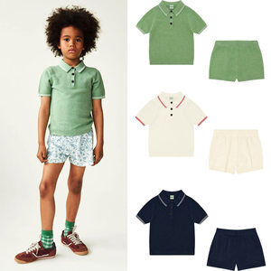 
26 spring and summer new European and American style boys' honeycomb check organic cotton knitted short-sleeved polo shirt boys' wavy pattern shorts