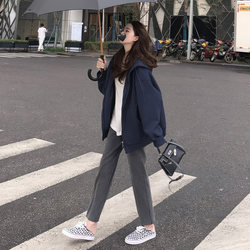Navy Blue Hooded Pure Cotton Sweatshirt for Women 2026 New Spring and Autumn Lazy Style Loose Cardigan Jacket with Zipper
