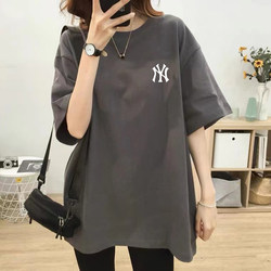 Women's Short-Sleeved T-Shirt with Regular Shoulders, Slimming, Summer, Pure Cotton, Dark Gray, Mid-Length, Loose Fit, Versatile Top, Trendy Brand ins