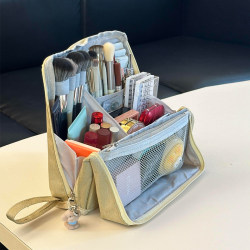 Cosmetic Bag for Women 2026 New Model, Partitioned, Standable, Large Capacity, Travel Portable, Compartmentalized Makeup Brush Storage, Student Stationery Pencil Case, Waterproof Leather Surface, High-End Travel Toiletry Bag