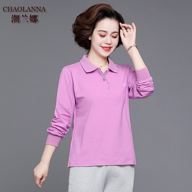 2024 Autumn New Mother's T -shirt Women's long -sleeved cotton bottoming shirt Middle -aged and elderly movement Polo lapel top
