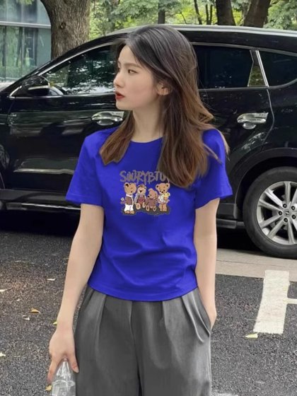 粉色正肩短袖t恤女夏季2026新款洋气高级小个子修身短款体恤上衣