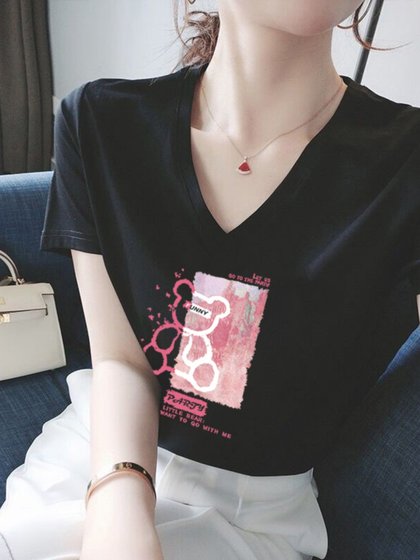 白色正肩v领短袖t恤女2026夏季新款欧货大版时尚洋气高级宽松上衣