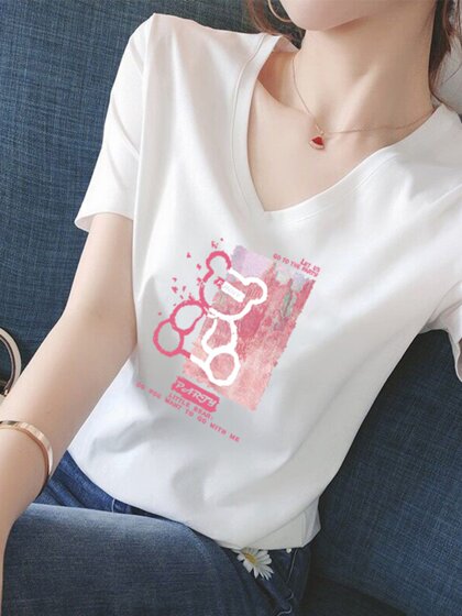 白色正肩v领短袖t恤女2026夏季新款欧货大版时尚洋气高级宽松上衣