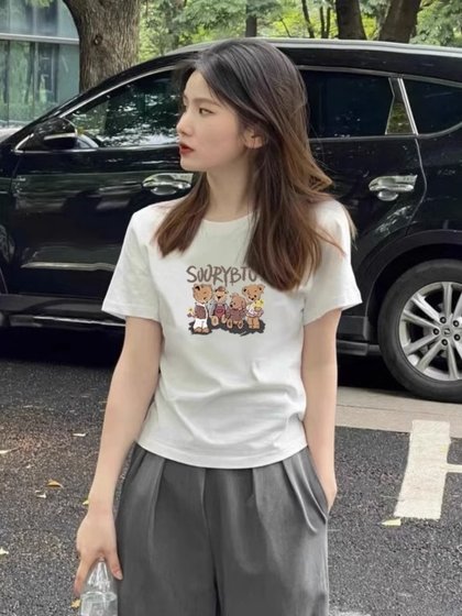 粉色正肩短袖t恤女夏季2026新款洋气高级小个子修身短款体恤上衣