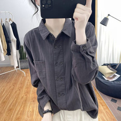 Korean Double-Breasted Pure Cotton Long-Sleeve Shirt for Women, Spring and Autumn Polo Collar Inner Top, Loose Design Base Shirt