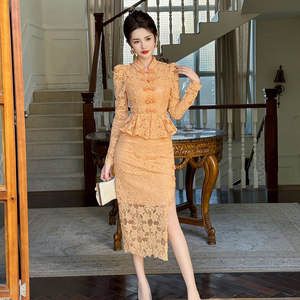 
New Chinese-style long-sleeved dress for women in autumn and winter, new cheongsam dress, high-end, slimming, high-waisted and slim hip skirt